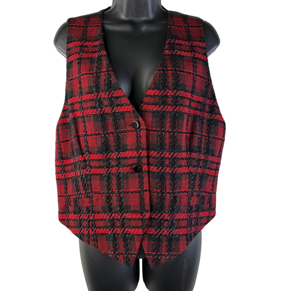 NWT Vtg Doncaster Collection Red Black Plaid Wool‎ Blend Vest Waistcoat Size 16